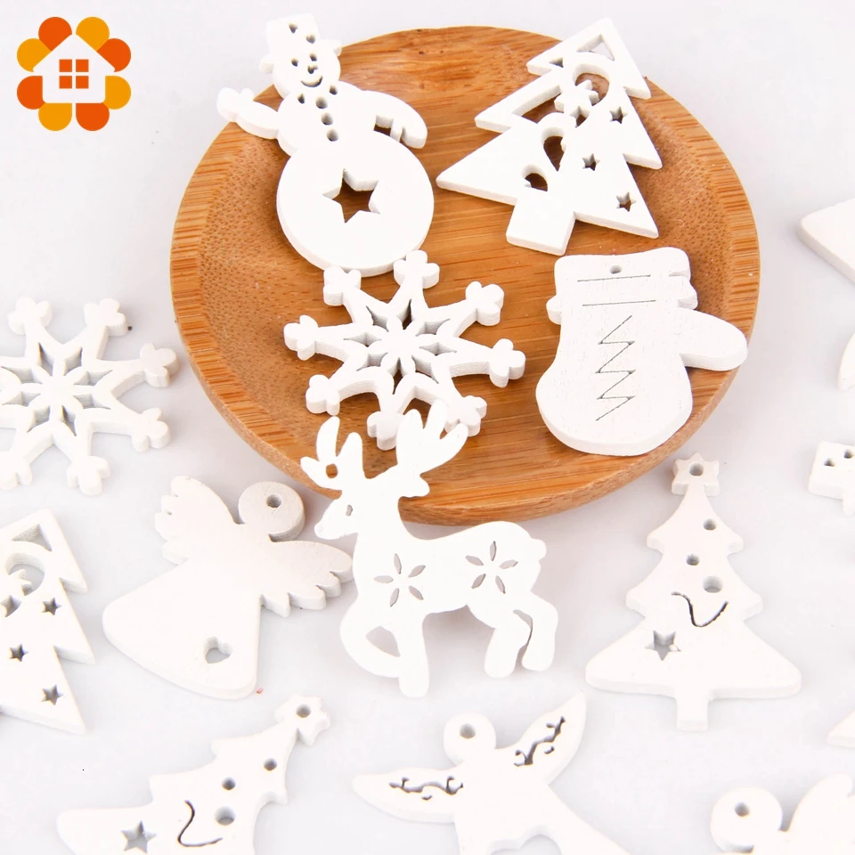 50PCS/lot Multi Colorful Christmas Series Wood Chip Pendant Christmas Tree Decorations Star Heart Snowflake XMAS Ornaments Decor