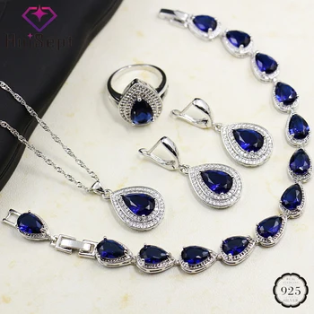 HuiSept Ring Earrings Necklace Bracelet 925 Silver Jewelry Set for Women Wedding Party Water Drop Shape Sapphire Gemstone Gift