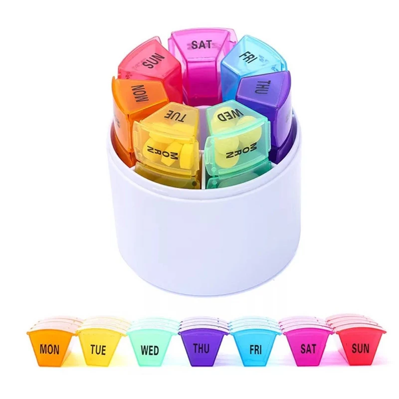 Colorful 7 Days Weekly 28 Compartments Pill Box One Week Pill Case Round Portable 28 Lattice Rainbow Pill Organizer Splitter