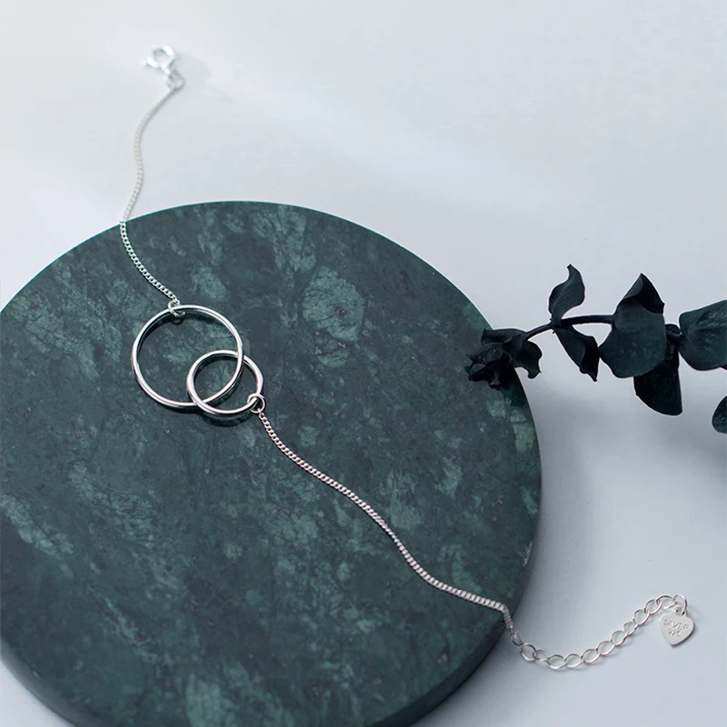 

925 Sterling Silver Geometric Ring Bracelet For Women On Hand Jewelry Fine Gifts For Friends 16 CM Chain Summer Accessories