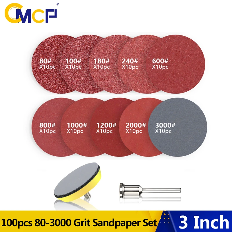 

CMCP 100pcs 3inch Sanding Disc + Loop Sanding Pad + 1/8" Shank Abrasives Hook Loop Backer Sandpaper Set 80-3000 Each Grit 10pcs