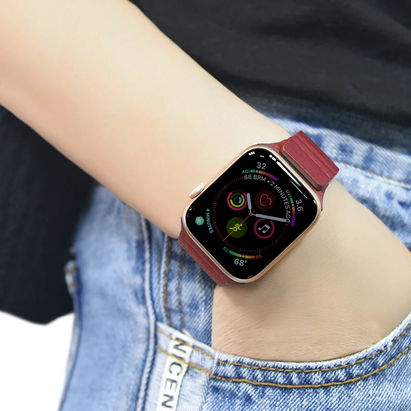 Кожаный ремешок для Apple Watch band 49/45/44/42/41/40/38 мм, магнитный браслет для iWatch series 3 5 se 6 7 8 ultra