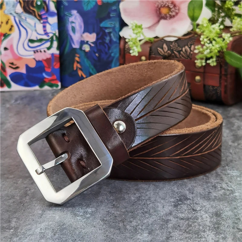 Stainless Steel Belt Buckle Hand Carving Desiger Luxury Belt Ceinture Think Leather Belt Men  Vintage Waist Men\'s Belt  SBT0014