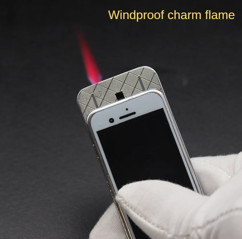 

Butane Gas Windproof Pink Flame Lighter Metal Body Personality Mobile Phone Shape Turbine Torch Cigarette Lighter Small Gift