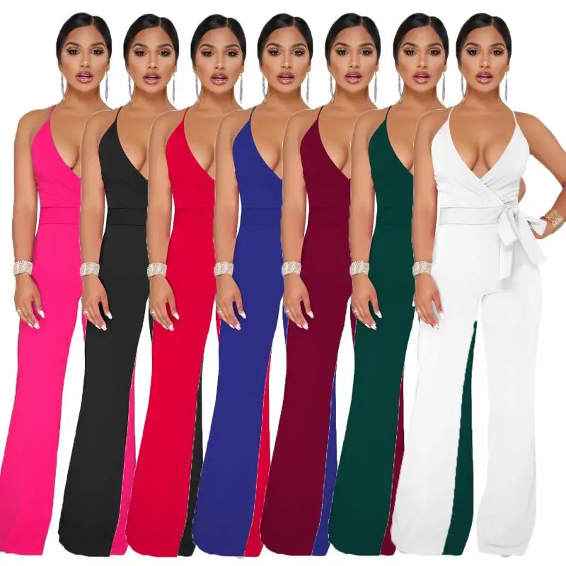 

Summer V Neck Skinny Spaghetti Strap Jumpsuit Women Casual Sleeveless Bodycon Jumpsuit Belt Backless Bandage Party Jumpsuit