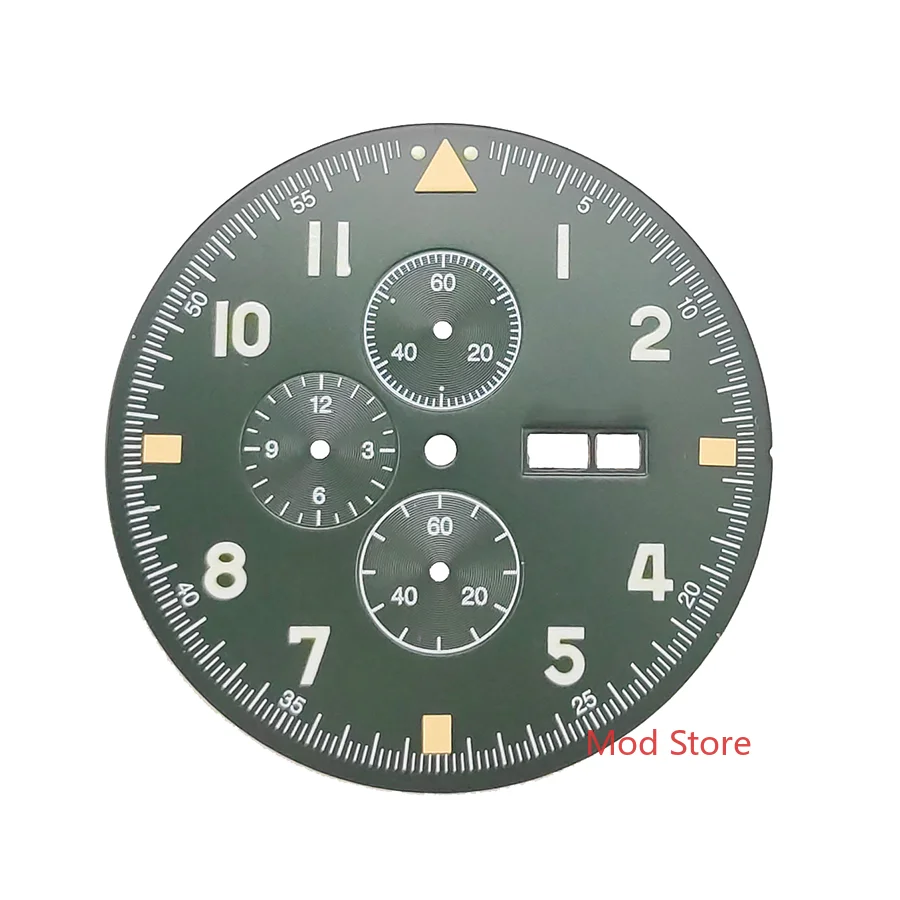 NEW Arrival 37.7mm Green Pilot\'s Chronograph 12 Hours Watch Dial Copper Set For Miyota Cal.0S00 Movement Green Luminous Numbers