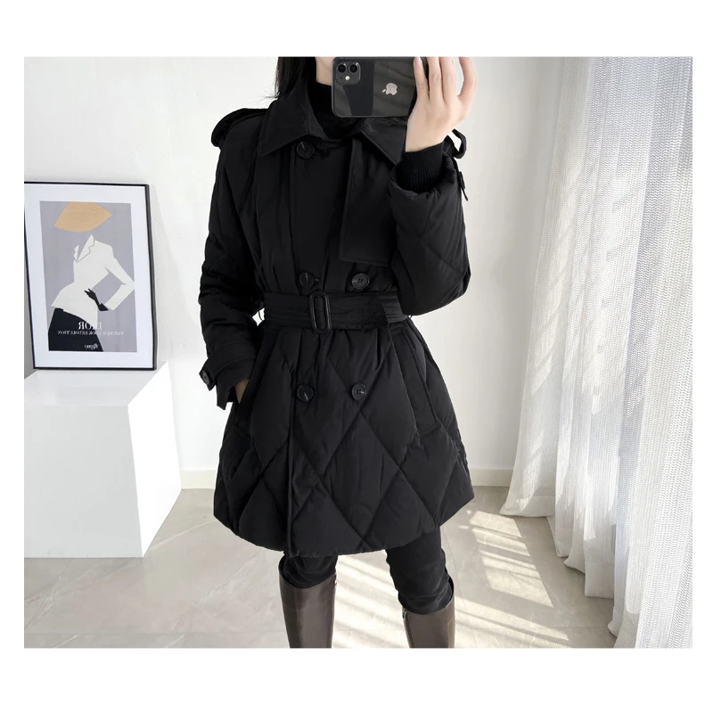 

2021 Women Winter Clothes Mid-length Lightweight Black Down Jacket Thinner with Belt White Duck Down Elegant Jacket