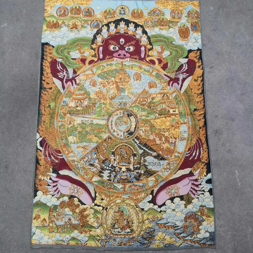 

35"Thangka Embroidery Tibetan Buddhism silk Embroidery brocade Nepal Mahakala Buddha Ten Generations Reincarnation Chart Thangka