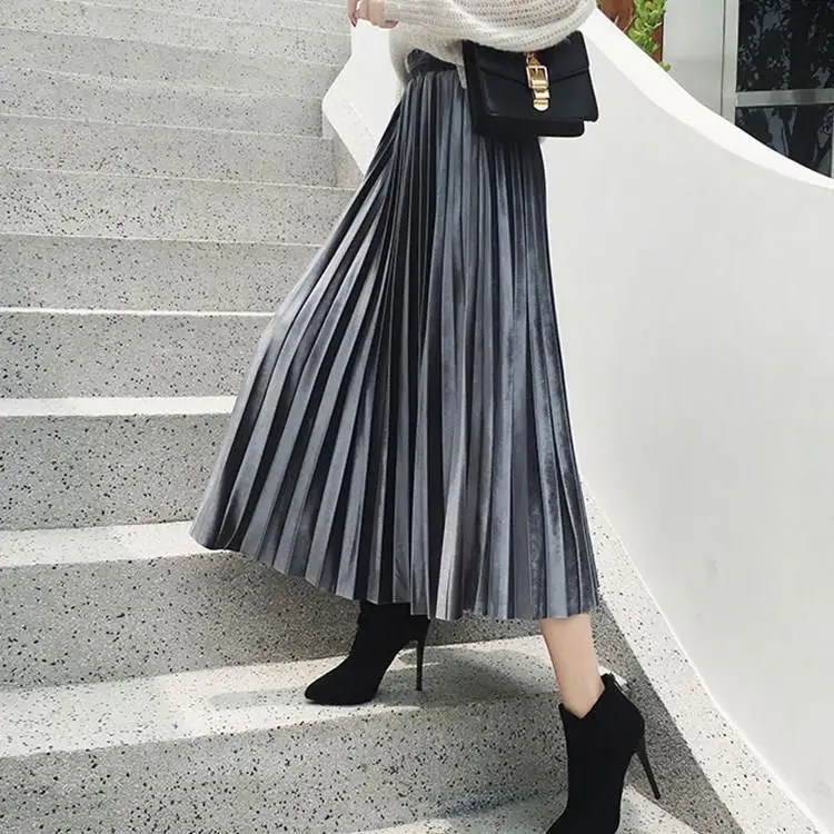 

Velvet Pleated Skirt Skirt Women's Spring and Autumn Clothing Long High Waist Skirt Woman Skirts Mujer Faldas Saias Mulher