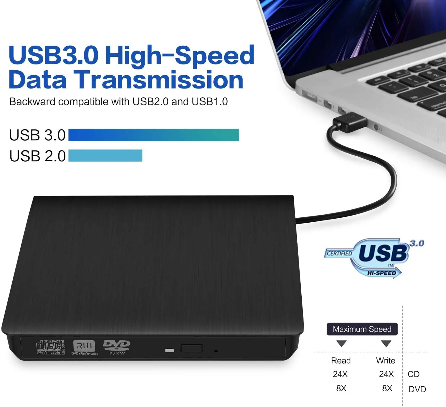 외장 DVD CD 버너 외장 CD 드라이브, USB 3.0 DVD +/- RW CD +/- RW 장치, 휴대용 카드 리더, 초슬림 외장 디스크