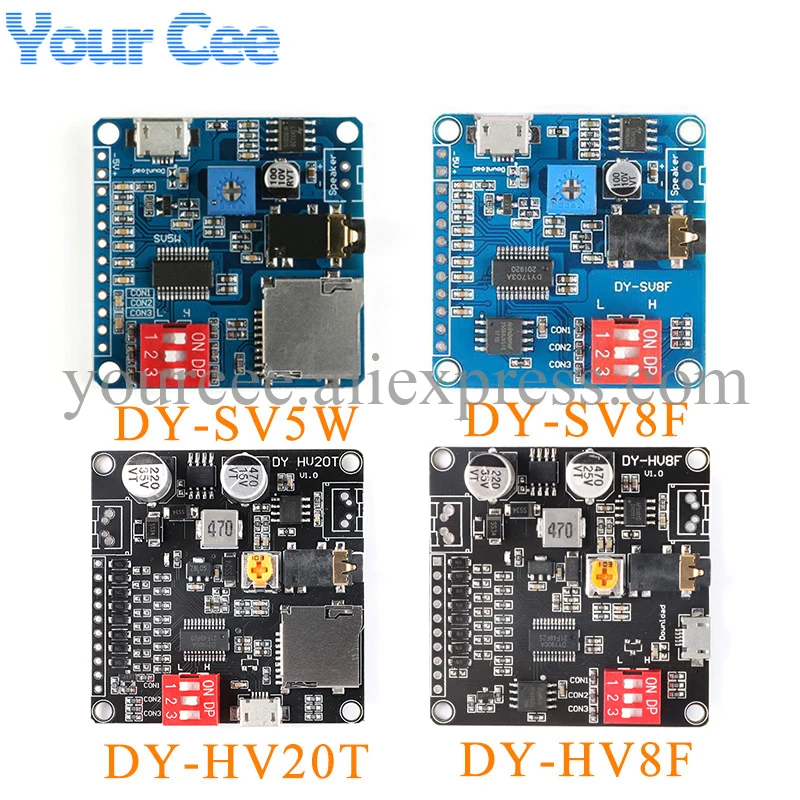 DY-SV17F DY-SV5W DY-SV8F DY-HV20T DY-HV8F DY-SV19R Voice Playback Module MP3 Music Player UART I/O Trigger Amplifier Board