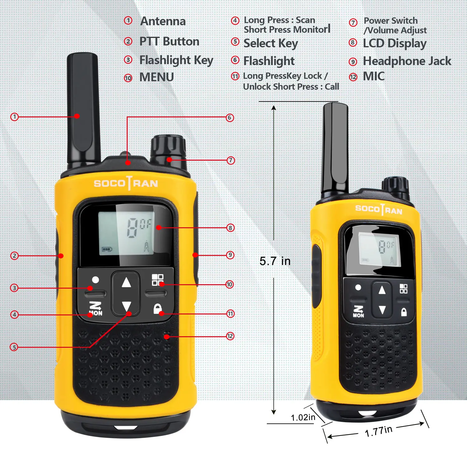 Long Range Rechargeable Two Way Radio PMR446 License Free Walkie Talkies Socotran T80 8CH VOX Flashlight Battery Privacy Codes