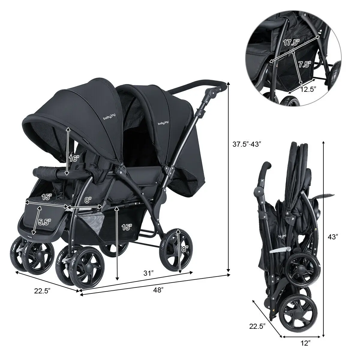 Foldable Twin Baby Double Stroller Stand OnTravel Stroller Infant Pushchair