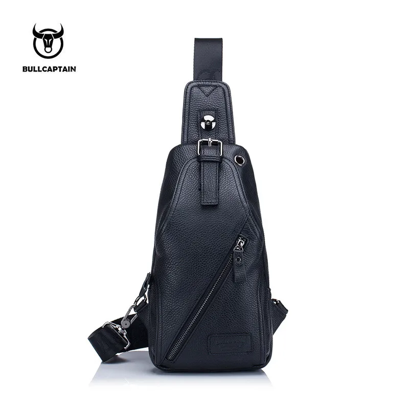 BULLCAPTAIN-Bolso de pecho para hombre, bandolera informal de cuero genuino, multifuncional, con cremallera para teléfono móvil