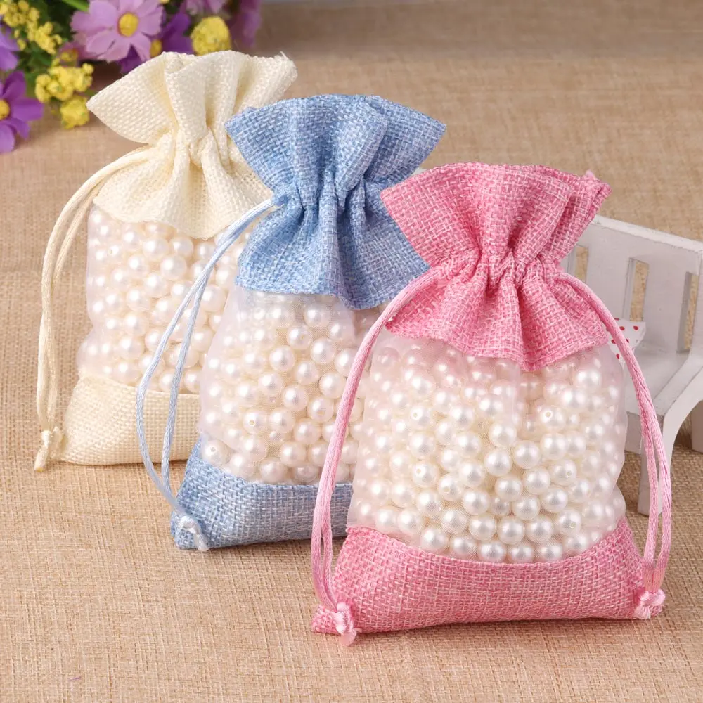 5/10pcs/lot Drawstring Organza Bag Natural Burlap Gift Pouch Combination Flax Jewelry Packaging Wedding Party Candy Bags