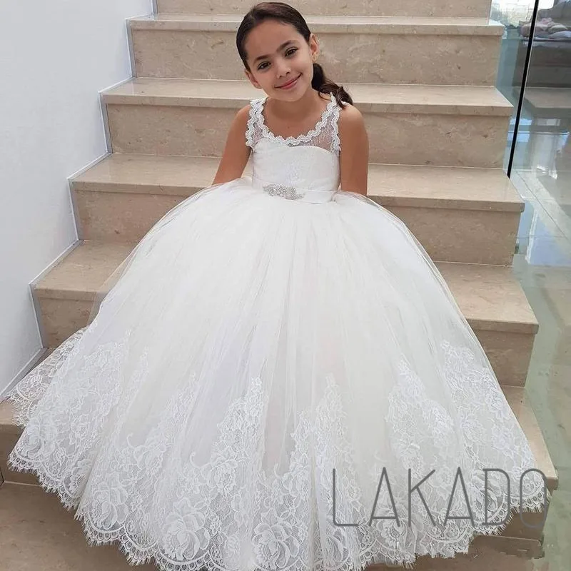 Princess Round Neck White Tulle Flower Girl First Communion Dress with Lace for Wedding Party