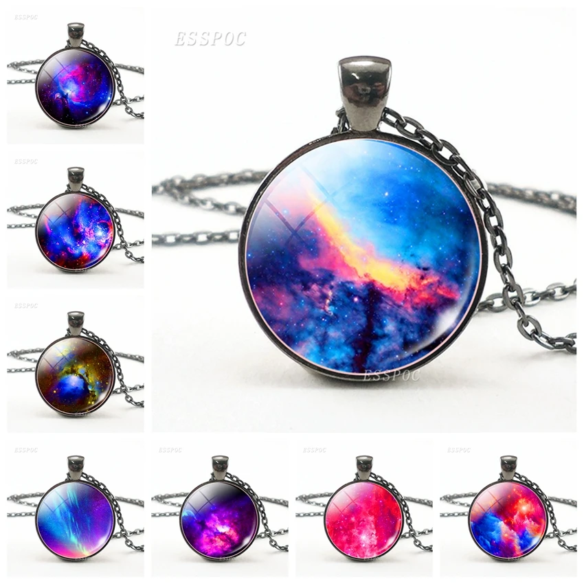 Milky Way Universe Nebula Pendant Necklace Glass Cabochon Jewelry Necklaces Retro Button Black Pendants Men Gifts