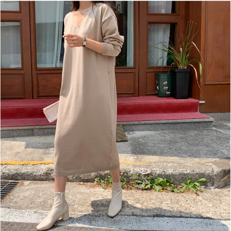 

Korean Sweater Dress Women New 2022 Solid Casual Pollover Warm Woman Winter Jumper Dresses Knitted Thick V Neck Blue Knitwear