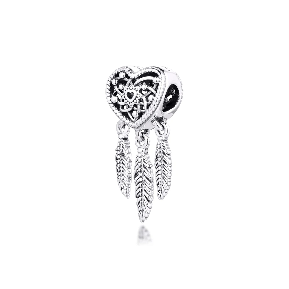 Charms Silver 100% Real 925 Sterling Silver Openwork Heart Three Feathers Dreamcatcher Charms Fit  Bracelet Beads Silver jewelry