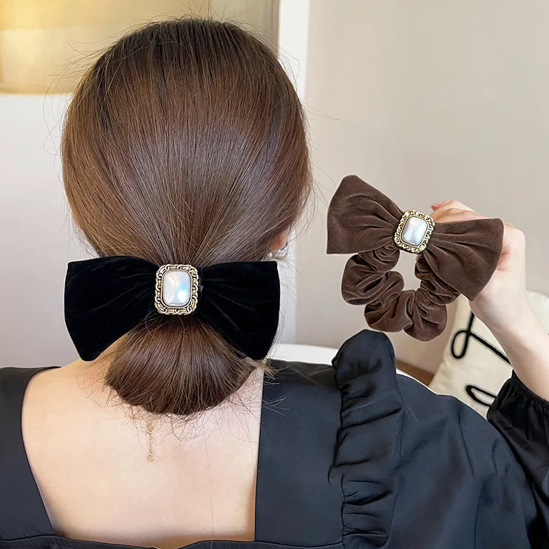 French retro velvet bow knot head rope headdress girl temperament ball hair rope elegant large intestine hair ring