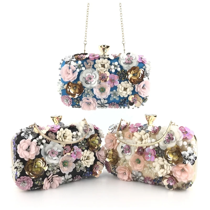 bolsa de mao feminina com perolas e florais bolsa de ombro fashion para banquetes festa elegante baile corrente de metal bolsa atravessada de corpo 01