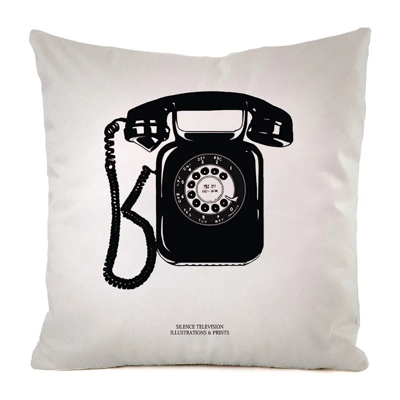 Black and White Style Stick Figure Cushion Cover 18x18 Inch Retro Bicycle Telephone Printed Pillow Cover Home Decor Pillow Cases