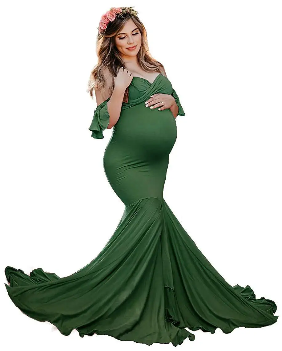 

Shoulderless Maternity Dresses For Photo Shoot Sexy Ruffles Sleeve Pregnancy Dress New Maxi Gown Pregnant Women Photography Prop