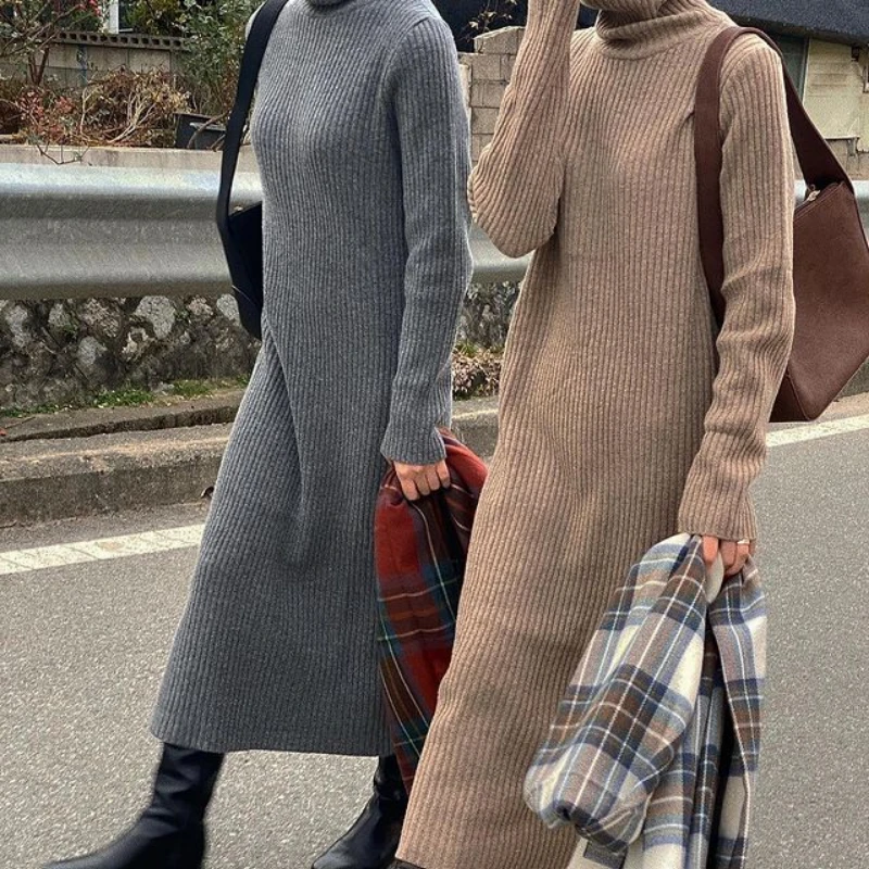 2022 Women Autumn Winter Turtle neck Knitted Long Sweater Dress Loose Basics Pullovers Jumper-Dresses