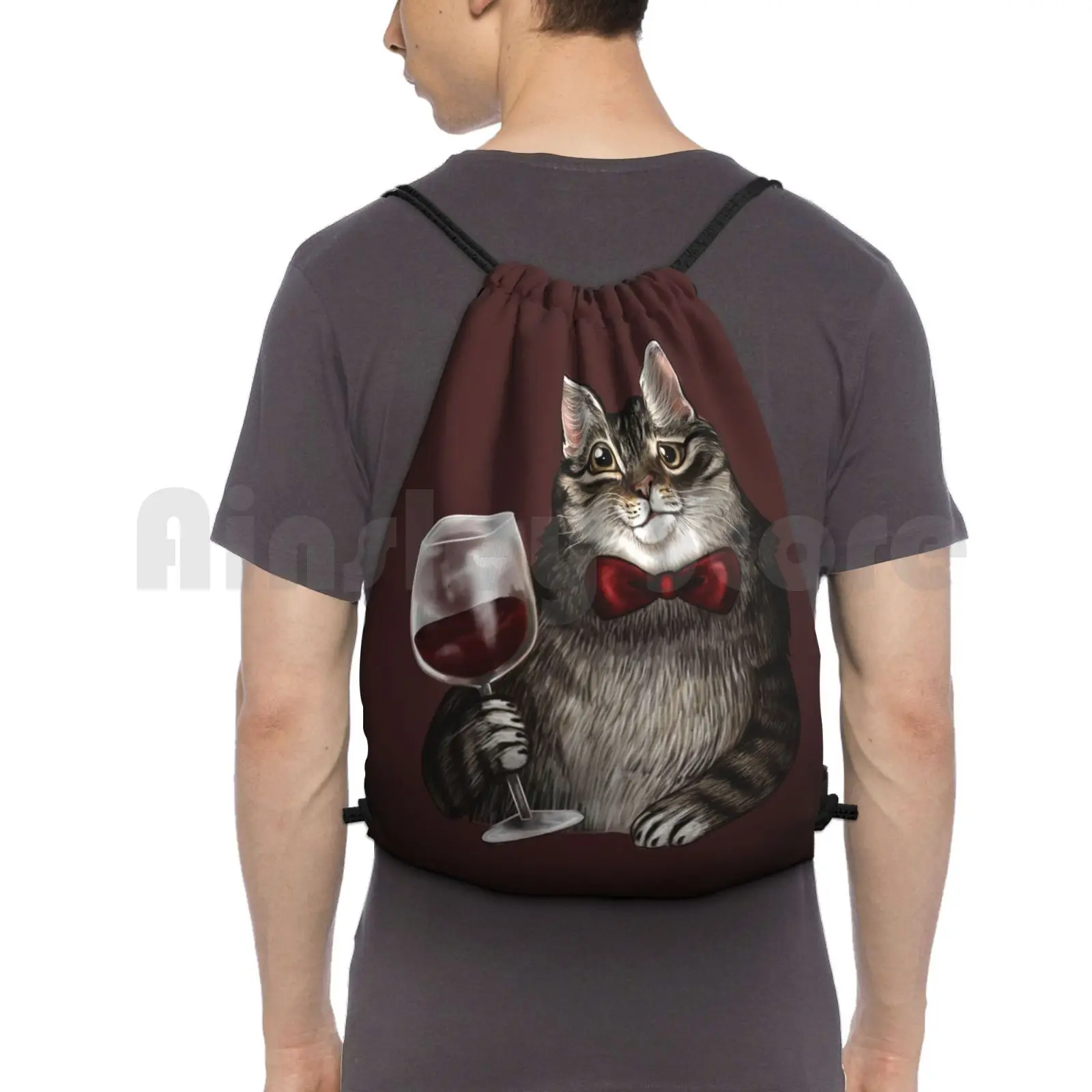 Wine Cat Grey Tabby Backpack Drawstring Bags Gym Bag Waterproof Grey Cat Wine Red Wine Classy Cat Nyan Nyan Wine For Cats