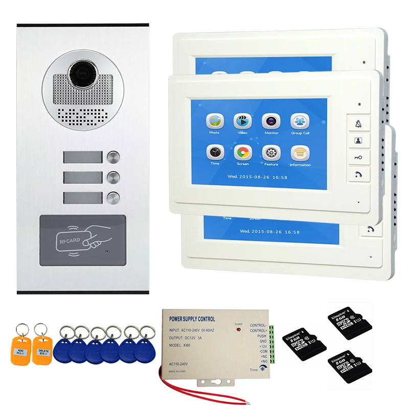 7 Inch Door Intercom Multi-apartment System Video Doorbell Door Phone RFID Keyfob Kits for 3 Unit apartments IR Night Waterproof