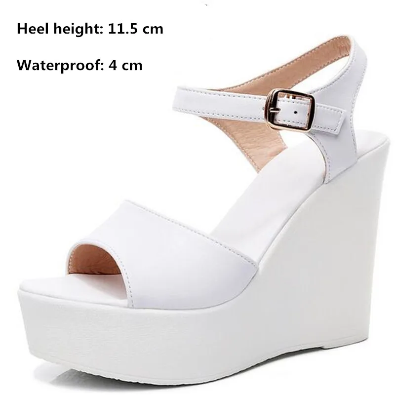 2024 New Black White Fish Mouth Genuine Leather Sandals Wedges Platform High Heeled Sandals 6 / 8 / 11 Cm Big Size Women Sandals