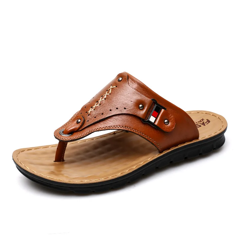 

Men Summer New Casual Leather Slippers Clip Toe Beach Shoes Cowhide Sandals Soft Sole Fashion Breathable Waterproof Non-slip