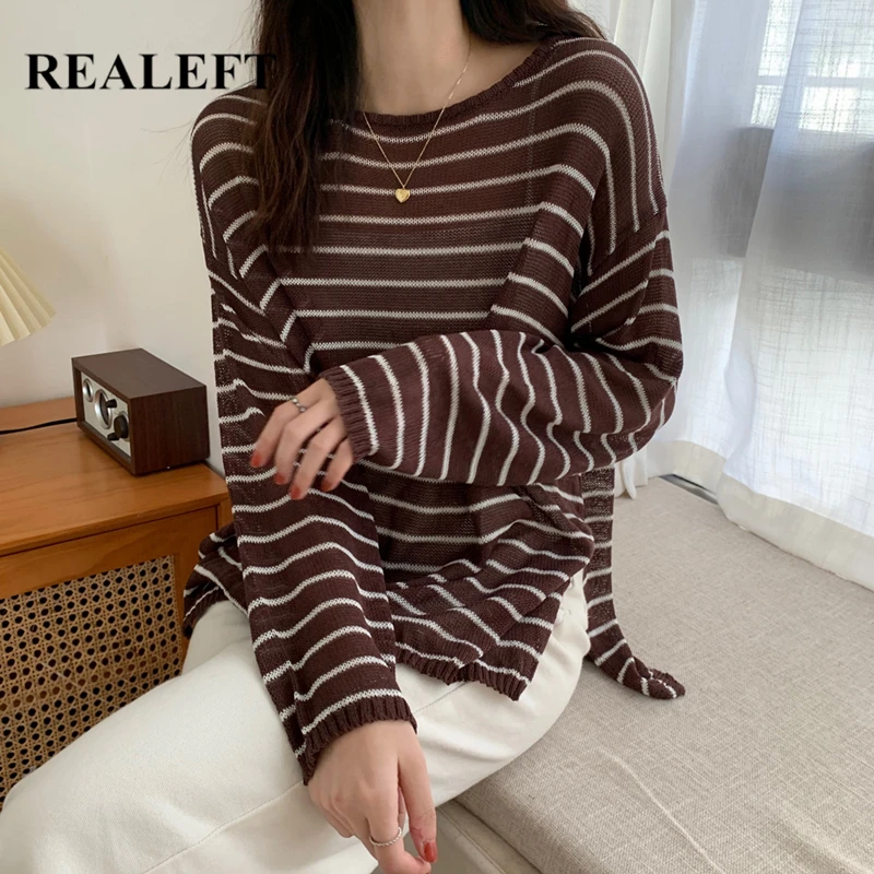 REALEFT Spring Autumn Classic Striped Thin Women's Knitted Pullover 2021 New Long Sleeve Casual Loose Sweaters Female Chic Tops