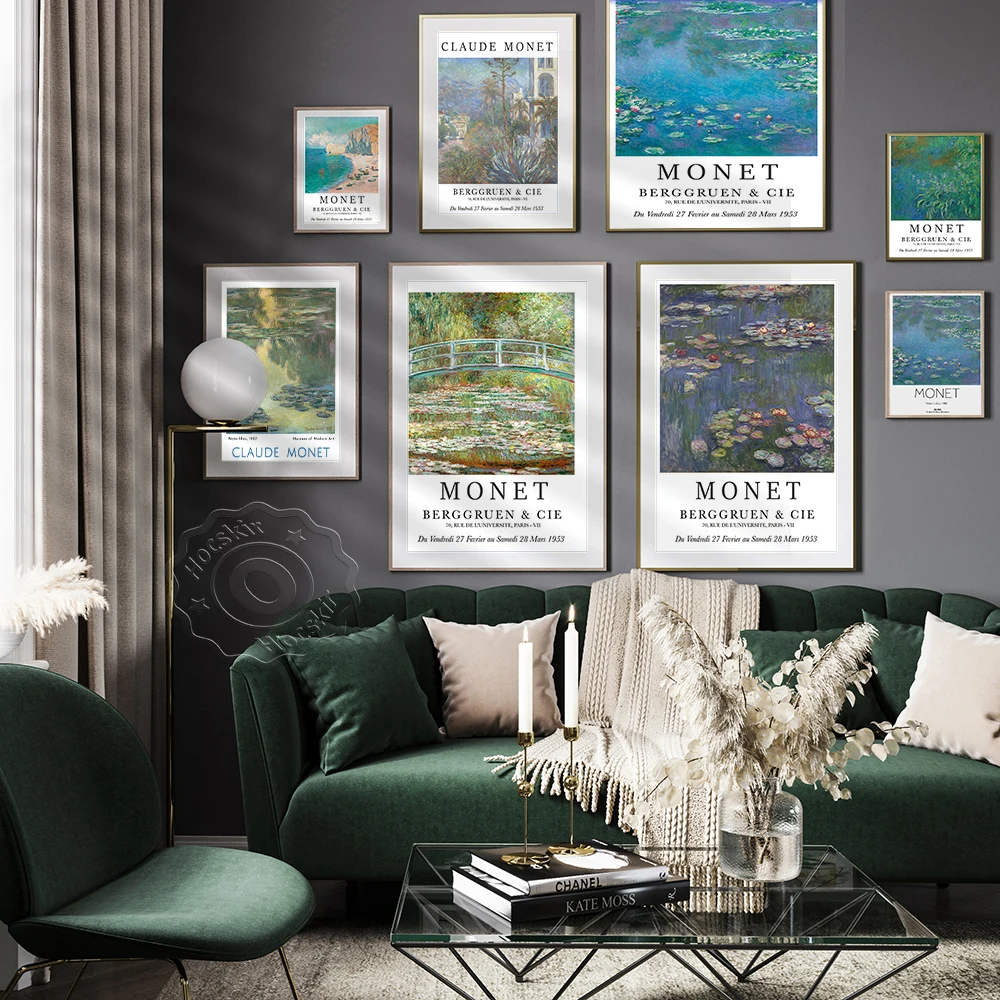 Póster de exposición de la galería de Monet, 《Nirio de agua 》Pegatinas de pared, 《La playa y Falaise Damon》Decoración de pared, 《Irises》Imagen de pared,