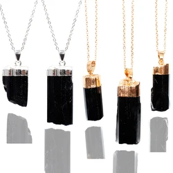 Irregular Black Tourmaline Pendant Necklace Raw Stone Gold Plated Healing Handmade Jewelry for Women