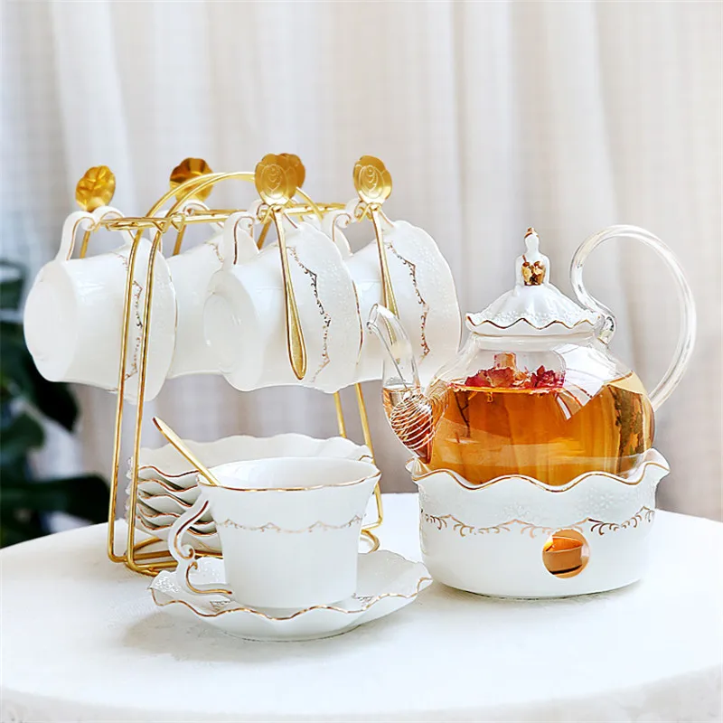 European Porcelain Tea Pot And Cup Set Embossed Rose Gold Coffee Mugs With Plate Spoon Iron Frame Afternoon Teapot Ceramic Home