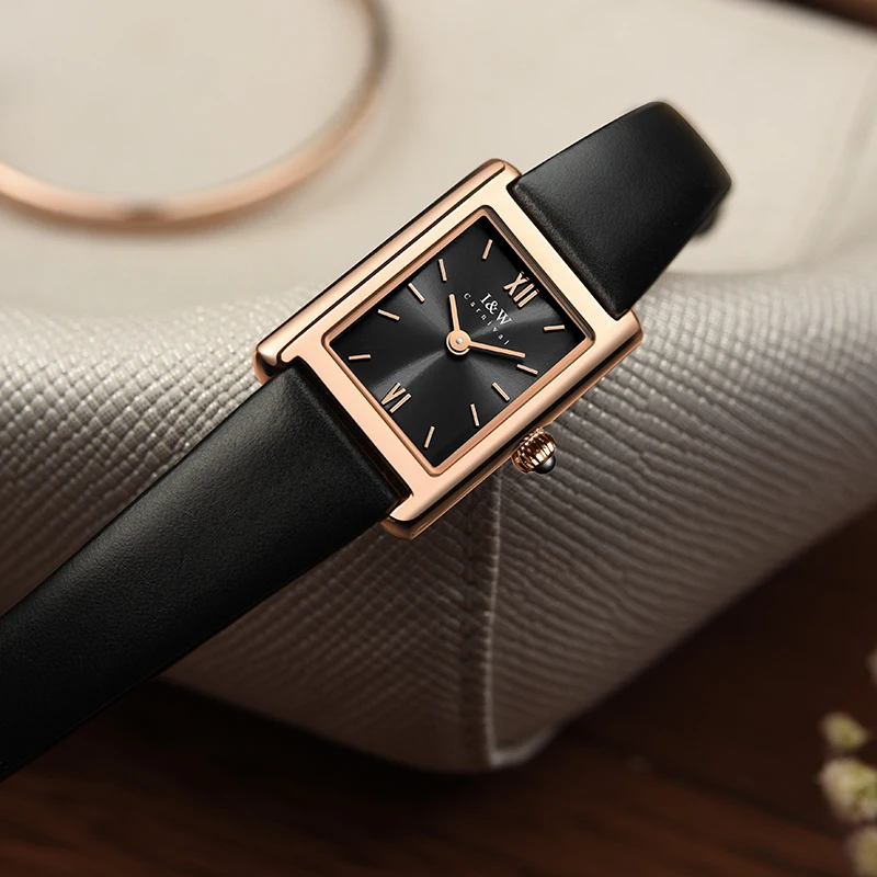 I&W CARNIVAL Fashion Square Watch Good Quality Switzerland Quartz Watches for Woman Sapphire Leather 5mm Ultra-thin Montre Femme