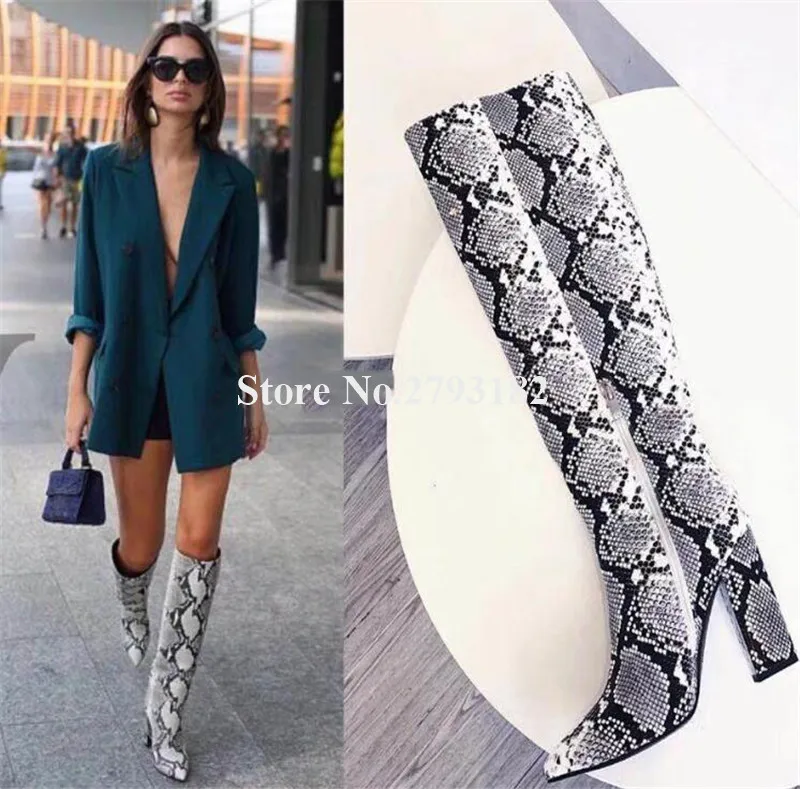 

Women Sexy Pointed Toe Snake Leather Chunky Heel Knee High Boots Fashion Long Thick High Heel Boots Customize Boots Dress Shoes