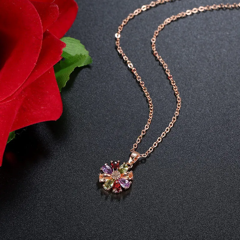 Women\'s Classic Shiny Colorful Zircon Pendant Necklaces Multicolor Flower Rose Gold Charming Necklace Pendants Jewelry Best Gift