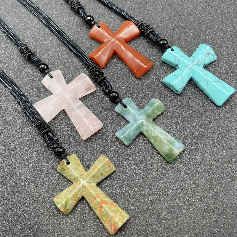 Qimoshi Handmade Natural Carved Gemstone Cross Pendant Necklace for Men & Women with Adjustable Rope Charms Jewelry Girls