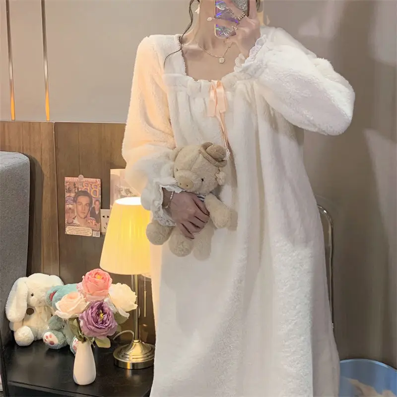 Women Lace Bow Pajama Sets Flannel Cute Warm Sleepwear New Plush Sweet Outwear Long Sleeve Pajamas Thick Winter Lounge Wear Ins