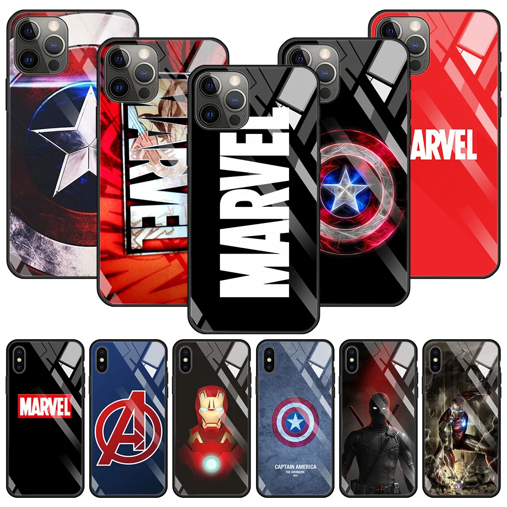 Tempered Glass Case For iPhone 15 14 13 12 11 Pro Max Mini X XR XS Max 8 7 Plus Phone Shell Fundas Marvel Avengers Comics