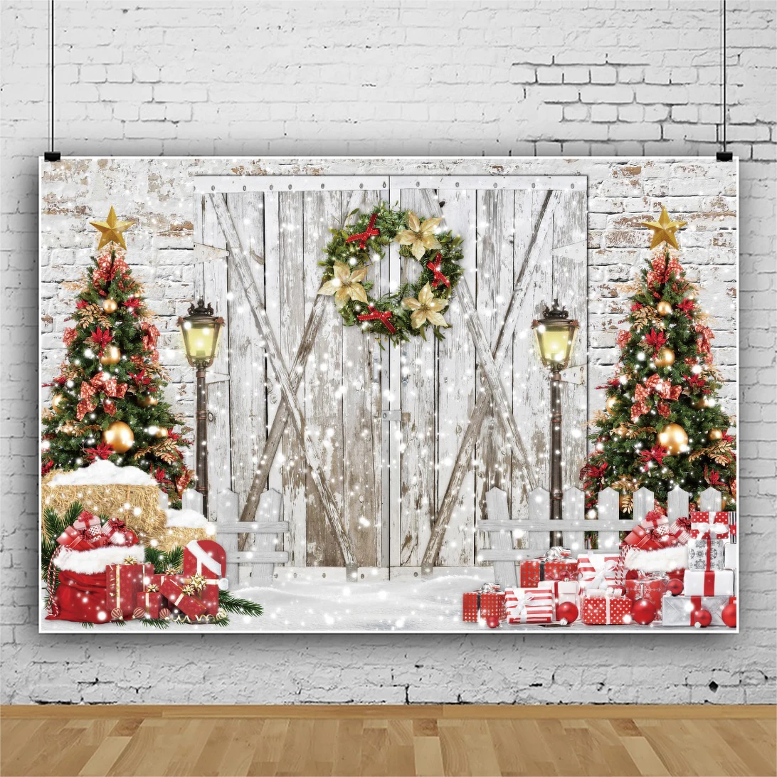 Laeacco Winter Christmas Photography Background Snowflake Tree Gift Grunge Vintage Wooden Door Brick Wall Portrait Backdrop