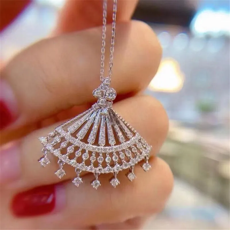 

2021 New Arrival Sparkling Luxury Jewelry 925 sterling Silver Celebrity Gift Pave White CZ Diamond sector Pendant Necklace Gift