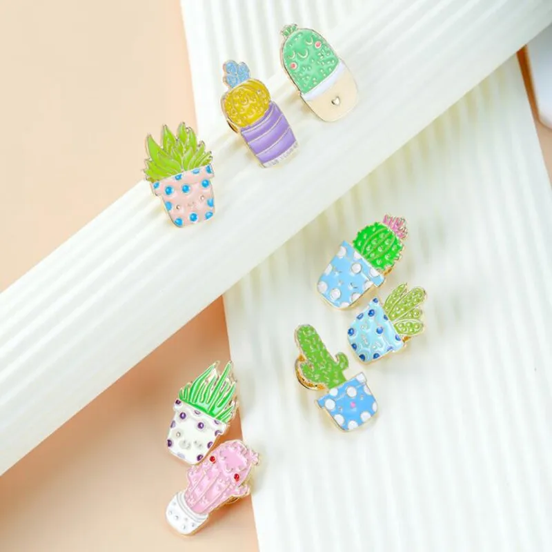 Timlee X146 Cartoon Cute Drop Oil  Cactus Potted Plant Aloe Metal  Brooch Pins,Fashion Jewelry Wholesale