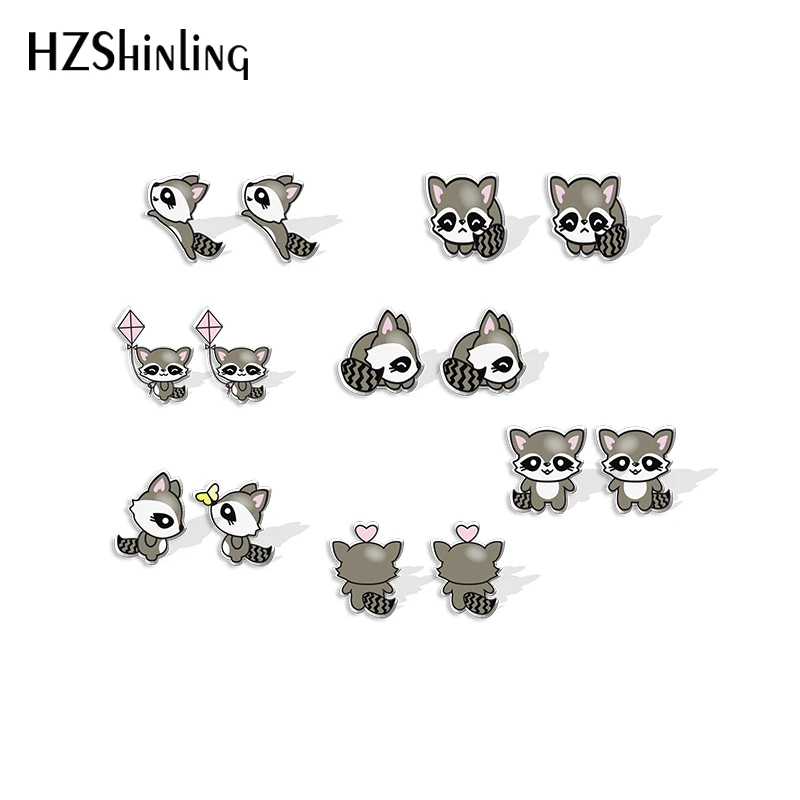 Cute Raccoon Cartoon Animal Pattern Acrylic Stud Earrings Resin Epoxy Ear Jewelry for Girls