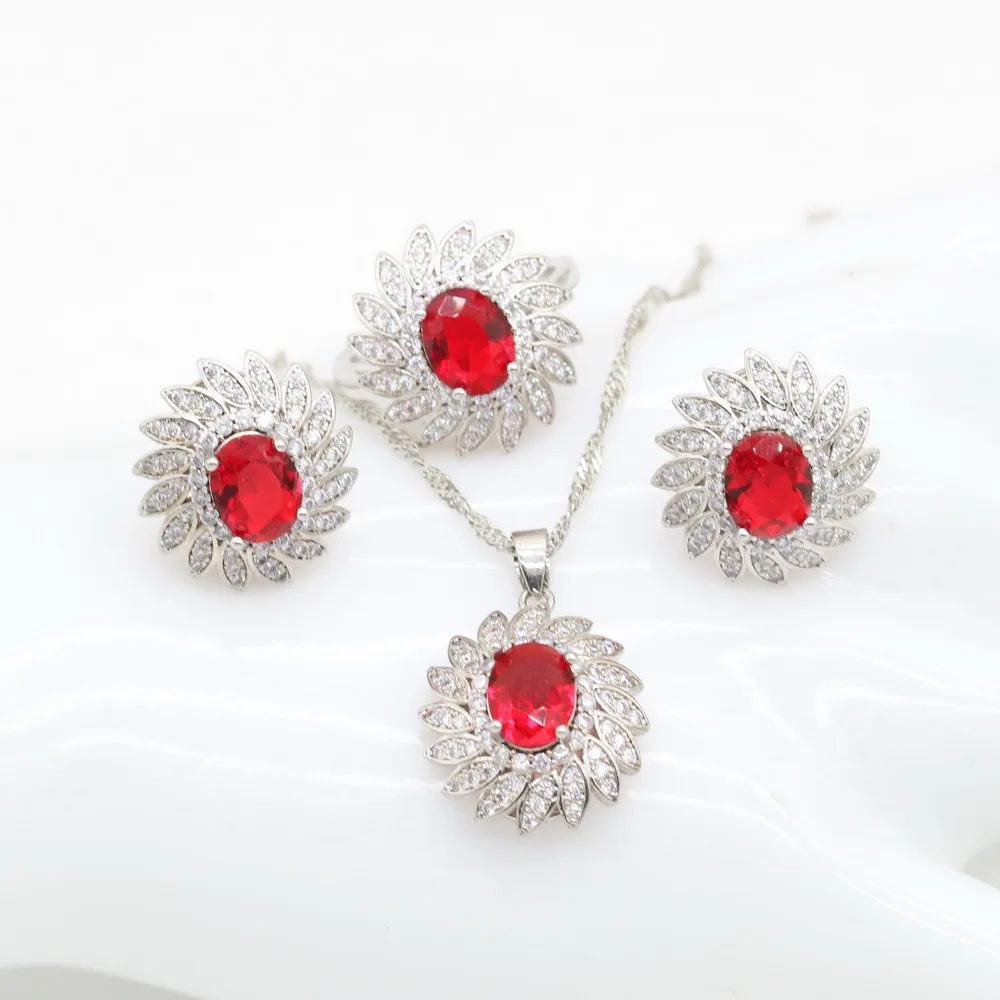 XUTAAYI  Silver Color Wedding Jewelry Sets For Women Red Ruby Bracelet Rings Bridal Pendant  Necklace Earrings For Women