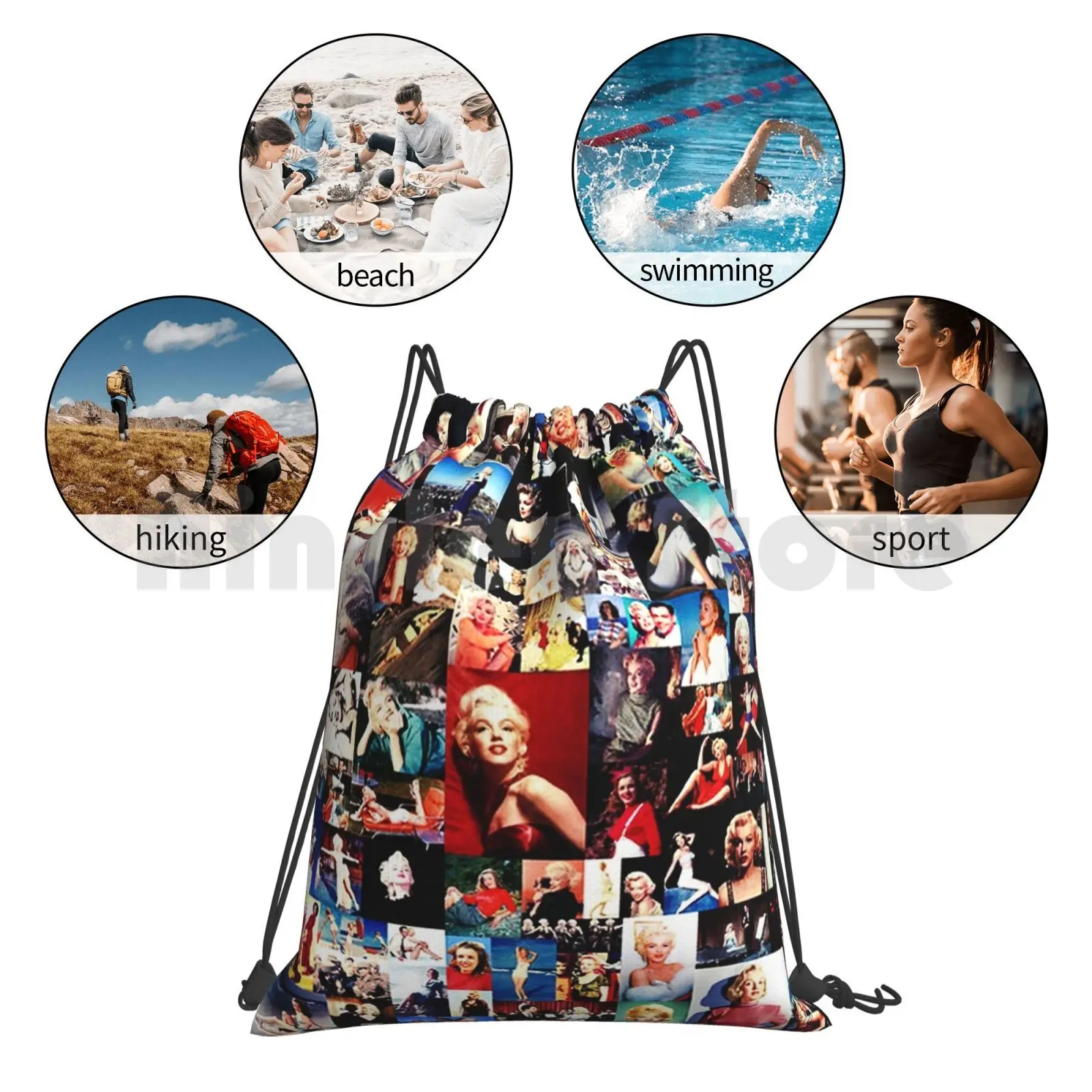 Marilyn Monroe Collage Vintage Afbeelding Rugzak Trekkoord Tas Rijden Klimsport Gymtas Marilyn Monroe Collage Vintage Afbeelding