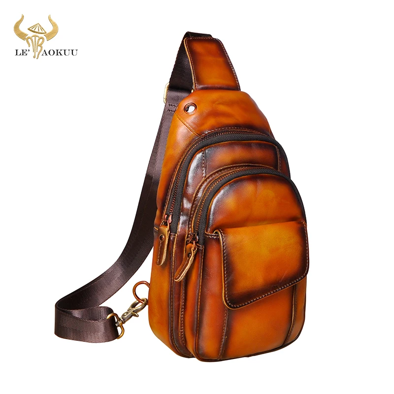 

Men Cow Real Leather Casual Fashion Triangle Tea Crossbody Chest Sling Bag Design Travel One Shoulder Bag Daypack Male 8013