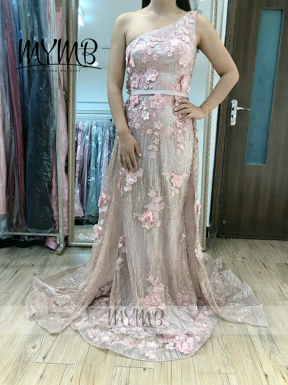 2021 New Model Girls Special Occasion Dresses MYMB Brand One Shoulder Pink Prom Lace Dress Long MY31101